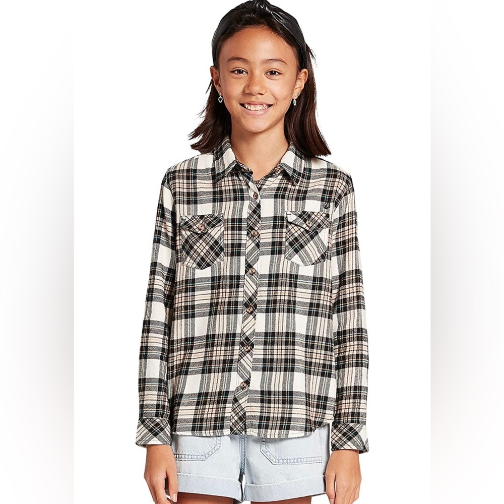 Volcom girls plaid long sleeve Fall flannel shirt size XXsmall 4 color mushroom